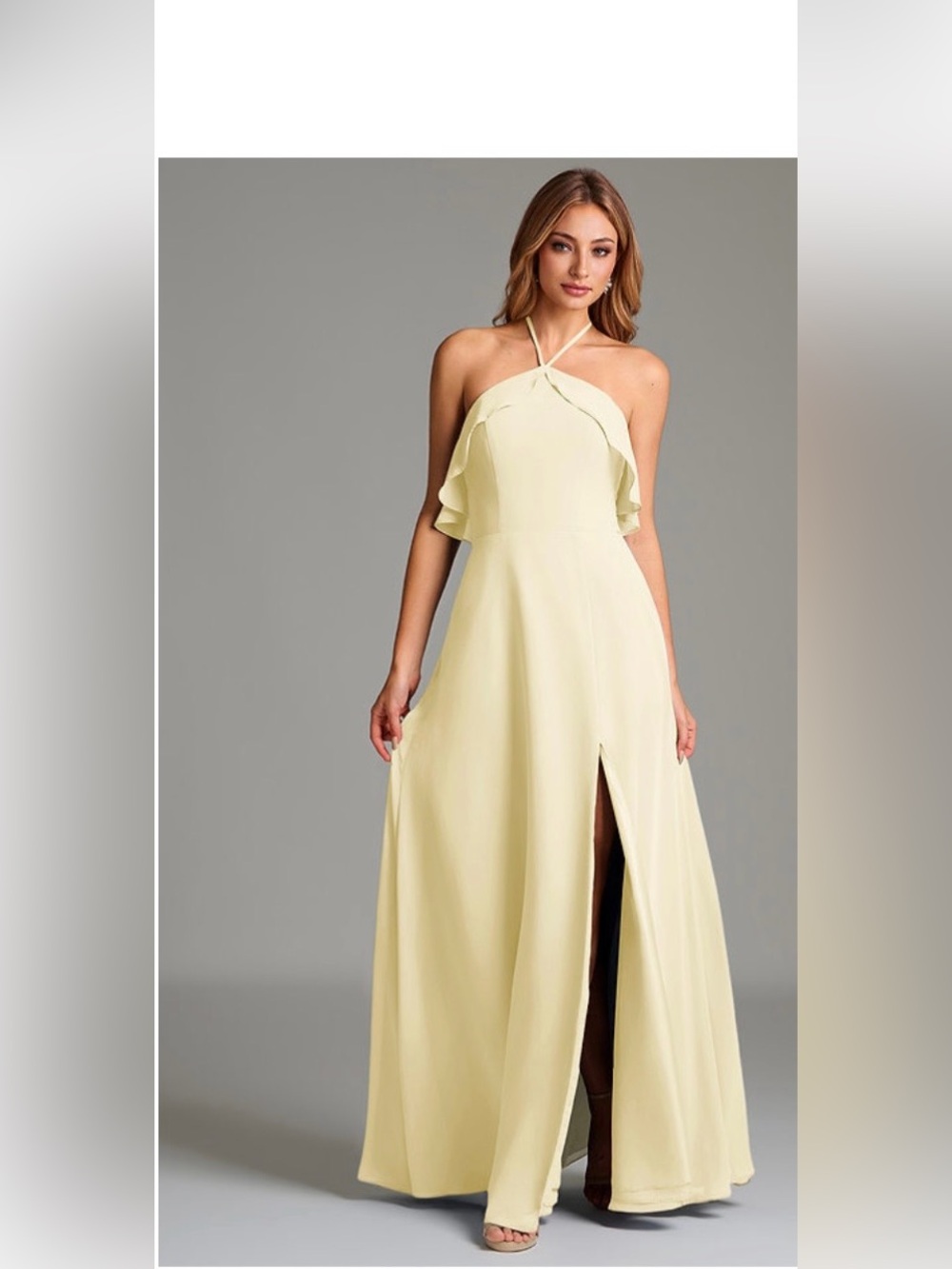 Azazie Cara Halter Ruffle Maxi Dress in Light Yellow
